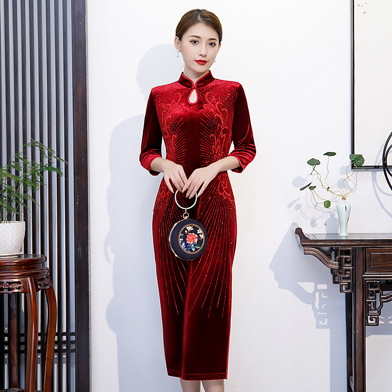Korean Velvet Cheongsam Dress, Vintage Everyday Improved Version for Banquets and Runway Shows, Hanfu-Inspired Artistic Chinese Style National Style Improved Version