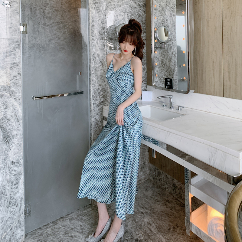 Bộ đầm vest họa tiết houndstooth kèm áo khoác và váy quây — Màu xanh lam
