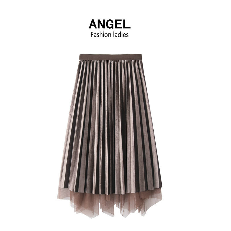 Damenbekleidung Faltenrock aus unregelmäßigem Netzstoff in Goldsamt_voghion.com