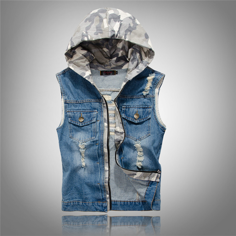 Coole new Korean style slim fit men's ripped Denim vest hooded Denim vest men's camouflage Denim vest