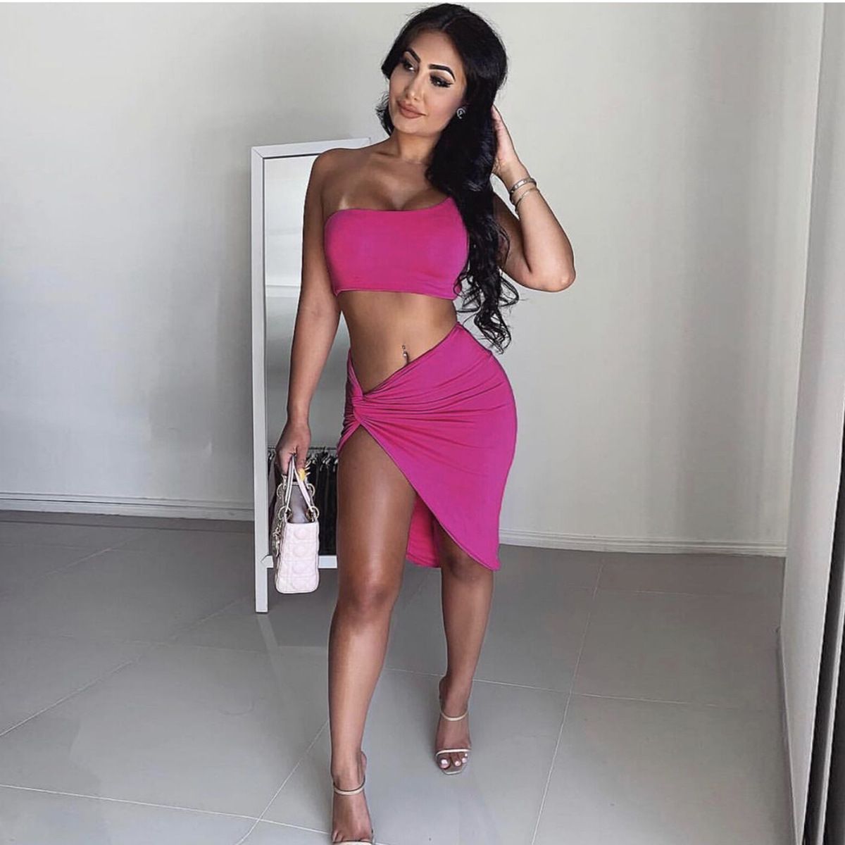 Spring Women's Two Piece Set Dress American Style One Shoulder Crop Top Sexy Casual Elegant Fashion Thin Suitable For Summer_ecoleips.com
