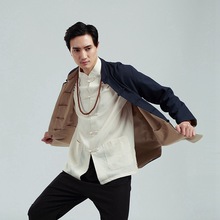 民族风秋冬款唐装男士长袖上衣复古亚麻两面穿外套中老年爸爸装