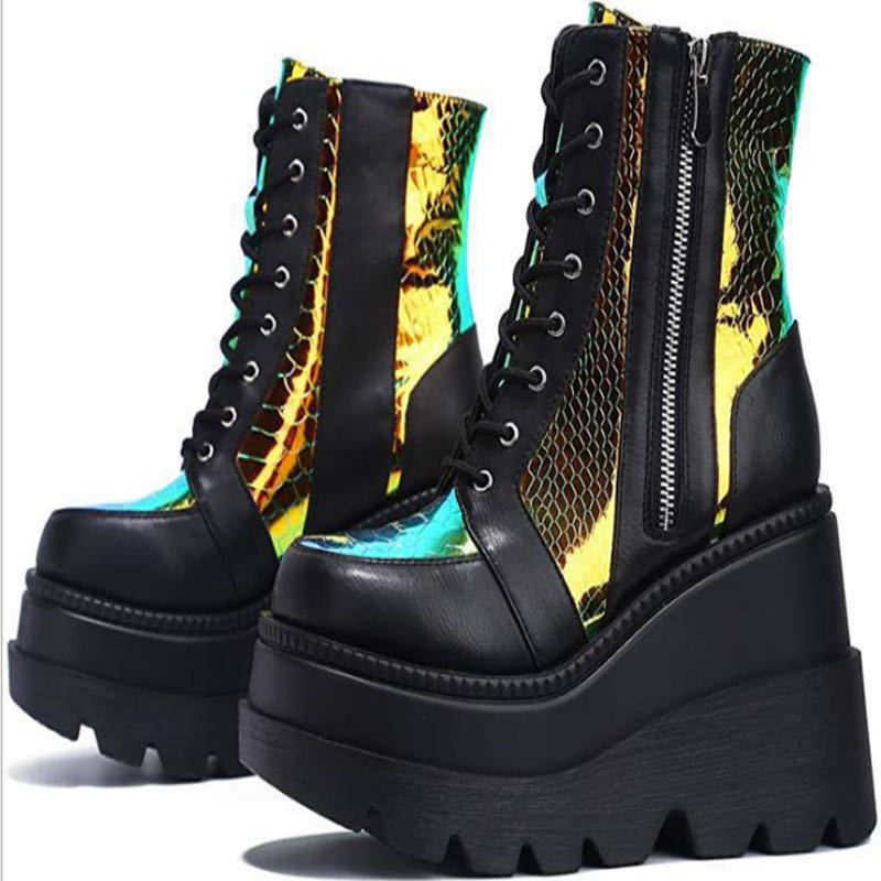 Cross-border Foreign Trade Boots 2022 Explosions Autumn and Winter Leather Boots High-top Sponge Shoes Women's Super High Heel Wedge Large Size Women's Shoes