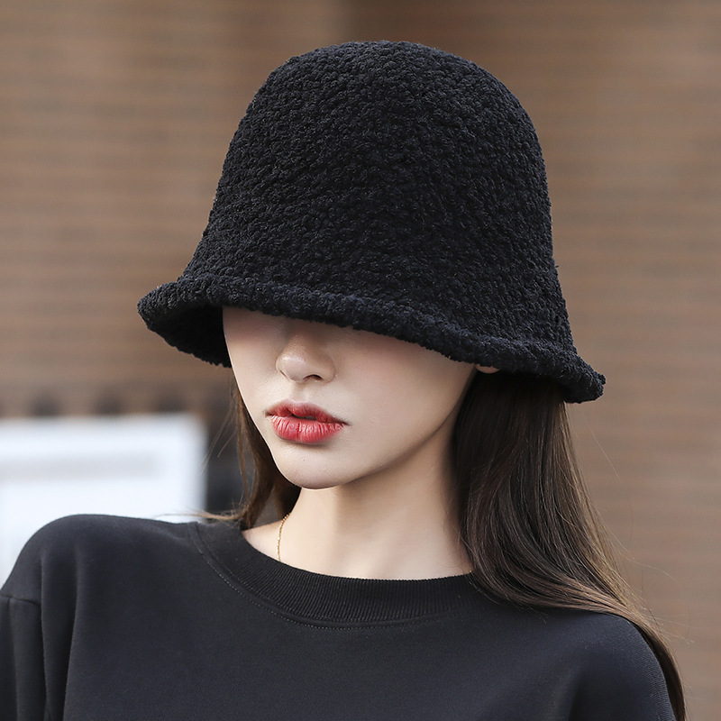 Nouveau chapeau de pêcheur en peluche d'agneau d'automne et d'hiver chapeau de mode coréenne pour femmes chapeau de seau d'eau couvrant le visage japonais chapeau de bassin Art Big Eaf_voghion.com