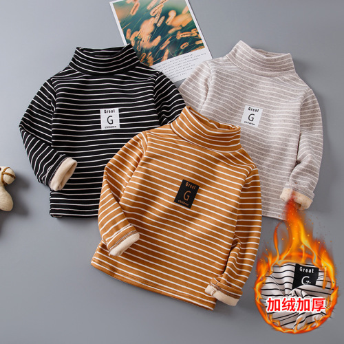 Children's Striped Fleece-Thickened Base Shirt High Collar Top Collar Single Piece for Boys and Girls Semi-High Collar Long-Sleeve T-Shirt