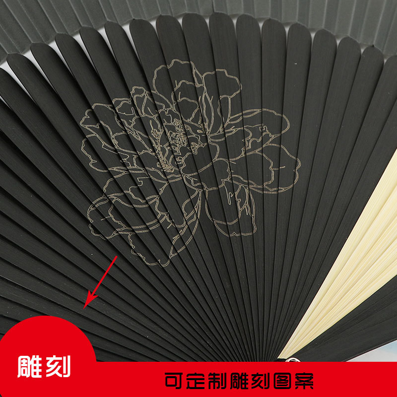 Ventilador publicitario personalizado transfronterizo bambú punta corta Borde de pintura superficie de seda ventilador plegable hueso tallado grabado procesamiento al por mayor ventilador antiguo