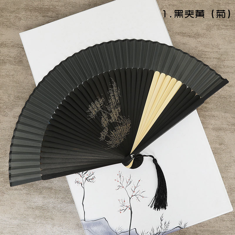 Ventilador publicitario personalizado transfronterizo bambú punta corta Borde de pintura superficie de seda ventilador plegable hueso tallado grabado procesamiento al por mayor ventilador antiguo