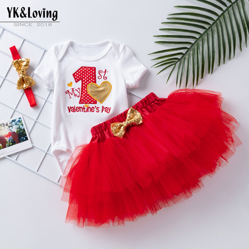 Baby pure cotton short-sleeved khaki with exquisite embroidery letters 1st birthday suit Valentine's Day clothing mesh princess dress