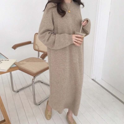 Lazy Style Sweater Women's Korean-style Winter Loose Slim Long Sweater Dress Knee Pullover Base Knitted Dress Lazy Style Sweater Women's Korean-style Winter Loose Slim Long Sweater Dress Knee Pullover Base Knitted Dress