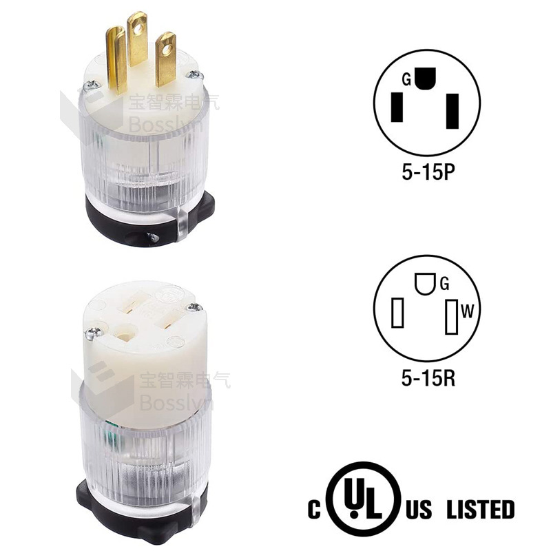 厂家直销美标透明带灯插头插座NEMA 5-15P/C美式照明电源线公母座