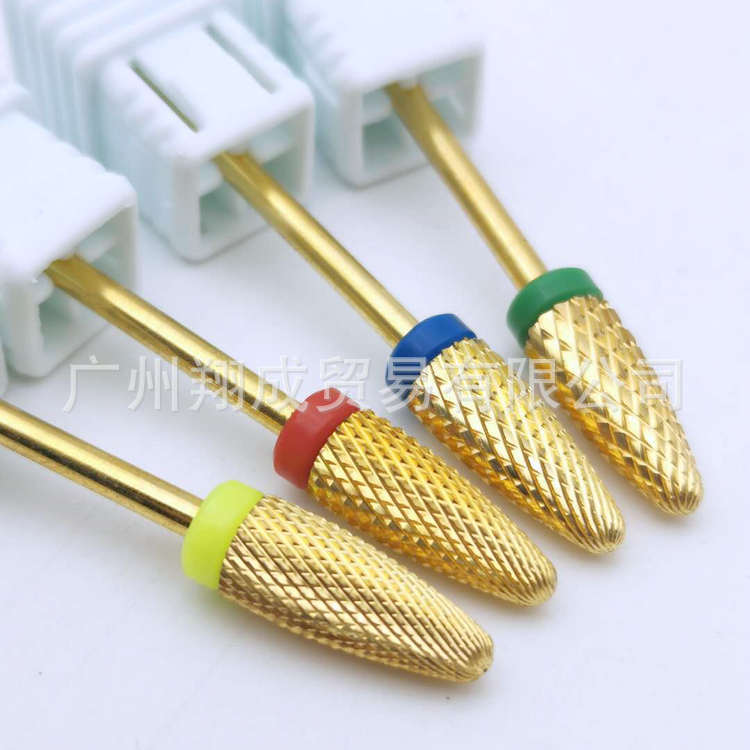 Arte de uñas de estilo japonés aleación de acero de tungsteno dorado cabeza de molienda grano recto arte de uñas de dos vías cabeza de molienda eliminación de uñas herramienta de molienda