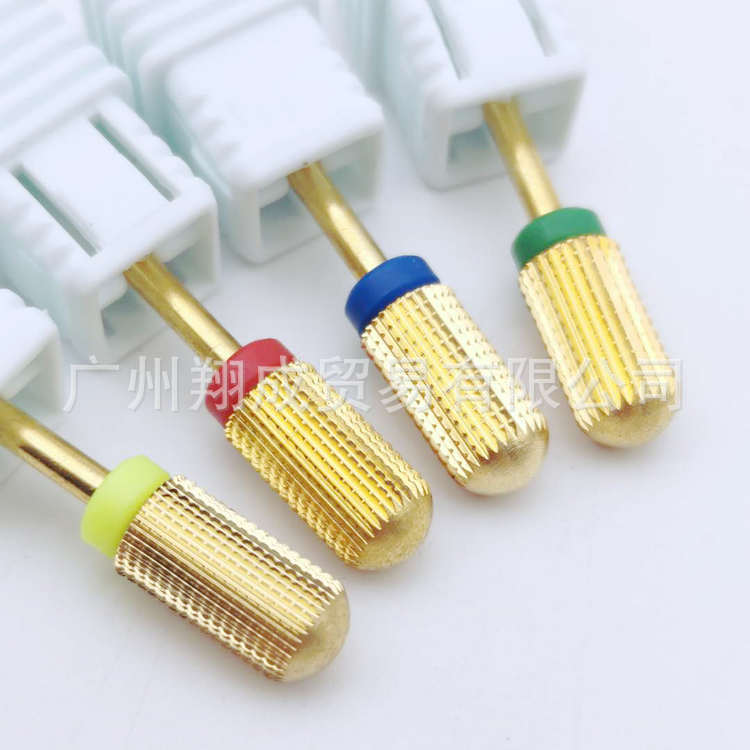 Arte de uñas de estilo japonés aleación de acero de tungsteno dorado cabeza de molienda grano recto arte de uñas de dos vías cabeza de molienda eliminación de uñas herramienta de molienda