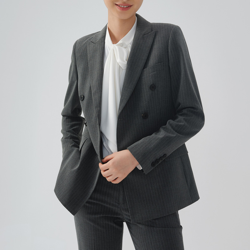 083 Double-breasted Suit Jacket Women Slim Striped Elite White Collar Sales Professional Dress Suit Women