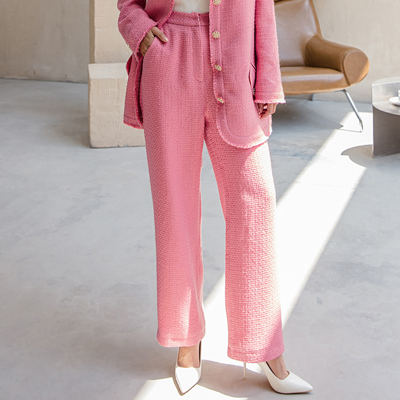 2020 Autumn and Winter New Pink Tweed Slimming Loose Wide Leg Pants High Waist Trousers for Women 5990