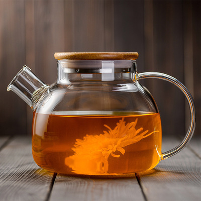 Venta al por mayor de gran capacidad de vidrio botella de agua fría hogar material de borosilicato cubierta de bambú botella de agua fría varias especificaciones olla de jugo