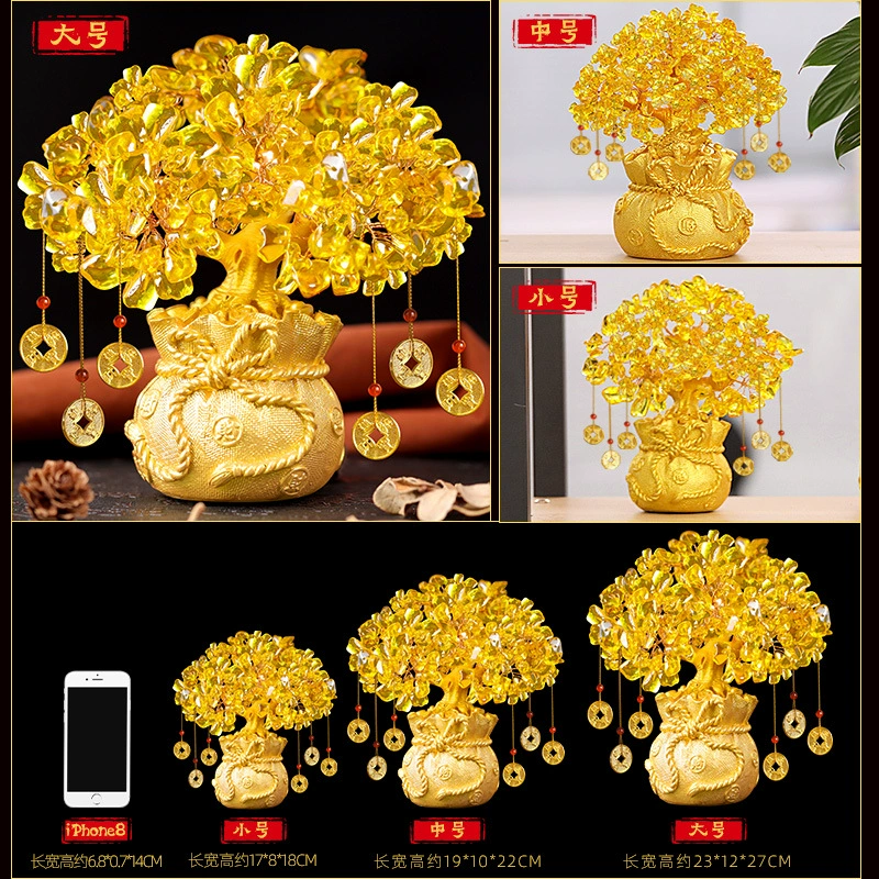 Crystal Money Tree Ornament, Citrine-Style Fortune Tree, Resin Base, 17 × 9 × 9 cm