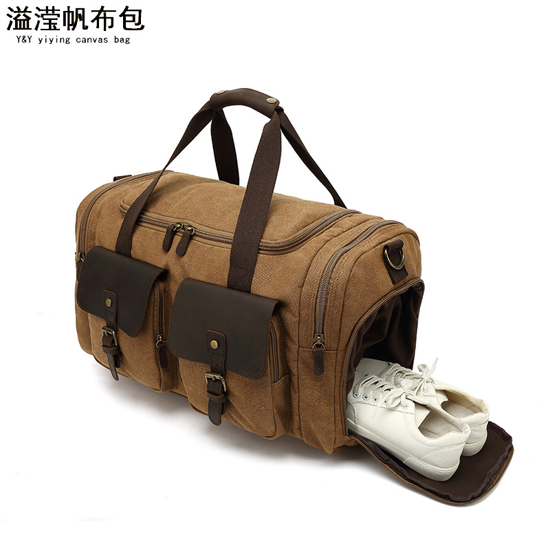 Bolsa de viaje de los hombres bolsa de equipaje de techo de gran capacidad Yoga Fitness Bolsa de viaje de larga y corta distancia en movimiento de lona con cuero de Caballo Loco