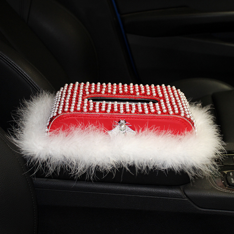 Caja de pañuelos de perlas con incrustaciones de diamantes creativos para coche, cojín de plumas, decoración, asiento, servilleta, caja de dibujo, suministros para coche