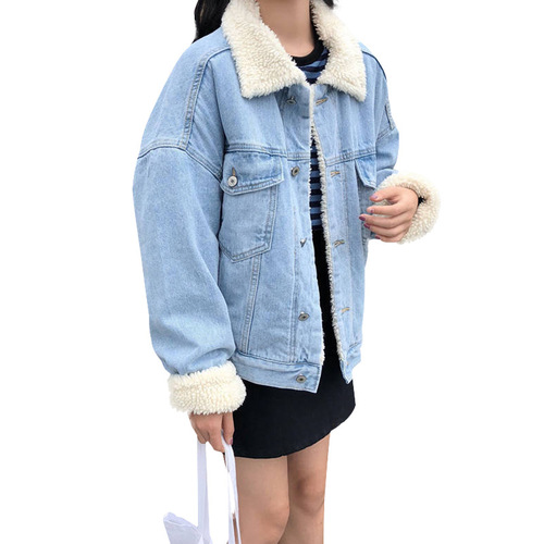 Trendy Korean style denim jacket for women lamb plush winter imitation rabbit fur casual plus velvet thickened bf style jacket