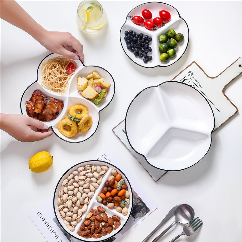 Dinner plate compartment weight loss fat quantitative adult household ceramic Japanese style one person food three grid dinner plate separated breakfast tableware