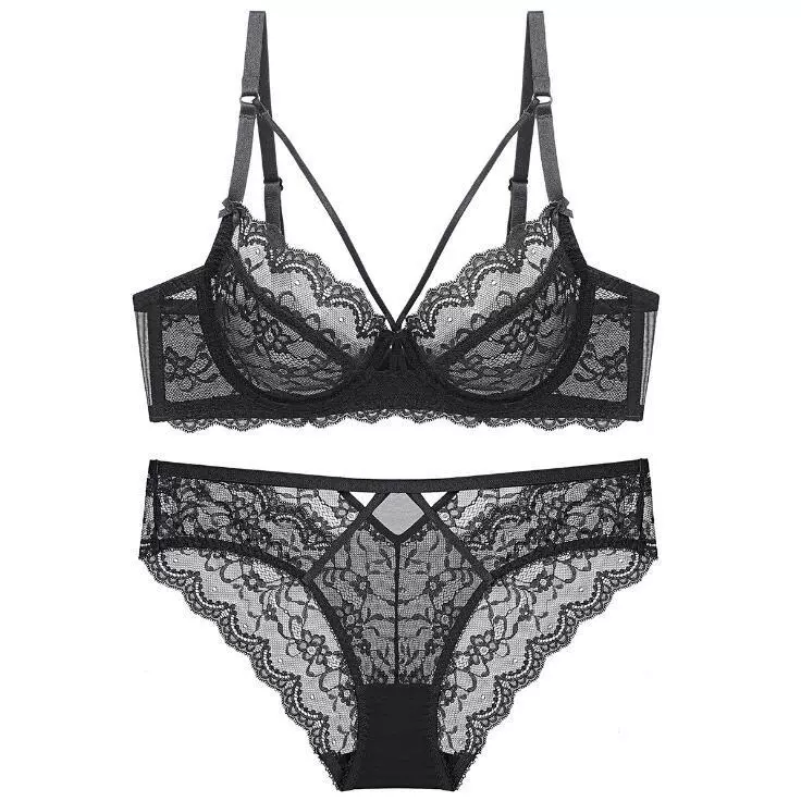 Ultra-thin Lace Bra Set, Sheer Design with Light Padding Option, Sizes 70A–90E