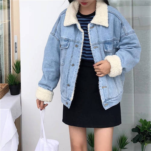 Trendy Korean style denim jacket for women lamb plush winter imitation rabbit fur casual plus velvet thickened bf style jacket