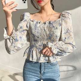 洋气小性感甜美一字领褶皱碎花衬衫设计感小众碎花长袖