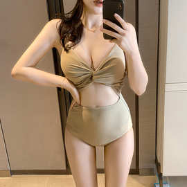厂家新款高腰交叉拧包连体性感镂空泳衣大小胸聚拢显瘦泳装女批发