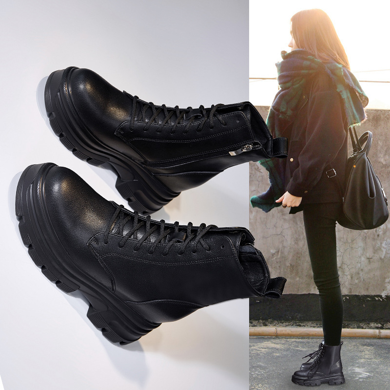 Martin Boots for Women with 8cm Hidden Heel, British Style, 2023 Spring and Autumn, Short Boots for Petite Women, Summer, with Fleece Lining and High Heels