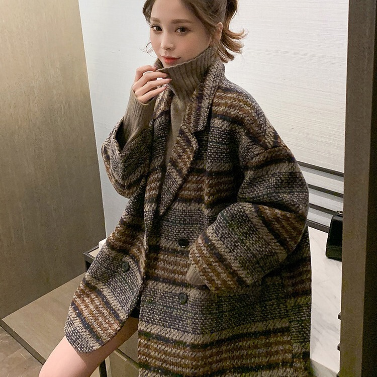 Autumn/Winter 2026 New Loose Fit Versatile Plaid Tweed Mid-Length Blazer Coat for Petite Women