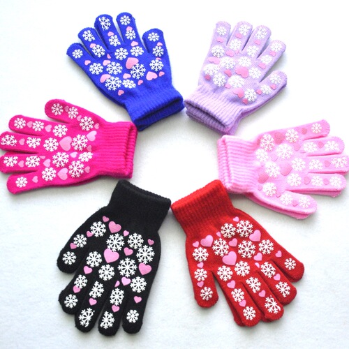 Children's Winter Warm Knitted Gloves for Primary School Students, Outdoor Sports Cold Protection, Snowflake and Small Heart Pattern Printing