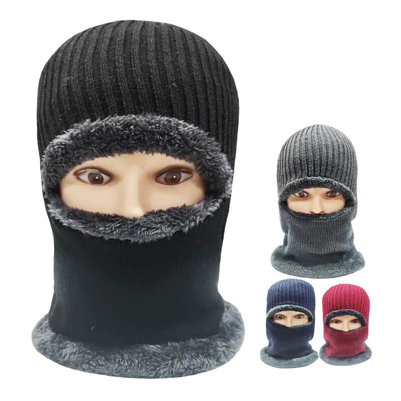 帽子男冬天加绒加厚保暖防寒针织帽骑车护耳连体毛线帽跨境热销