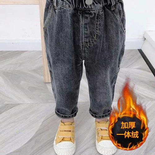 Boys' Fleece Lined and Thick Denim Pants Winter Children Medium and Small Children Integrated Fleece and Cotton Pants New Baby Warm Pants
