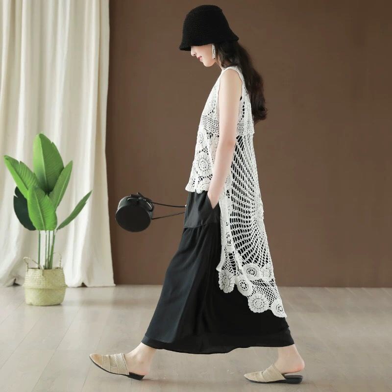 2024 Spring and Summer New Pure Cotton Vest Women's Mid-Length Crocheted Cut Out Knitted Vest Short Front and Long Back Retro Top