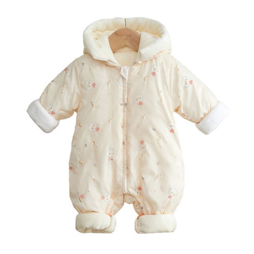 Newborn Baby Bodysuit with Hooded Outerwear, Quilted, Cotton, for Winter, with Enhanced Warmth, for Crawling and Dressing