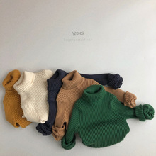 2024春季韩版森系男女童高领针织套头衫绿色棉印花冬季韩国童装