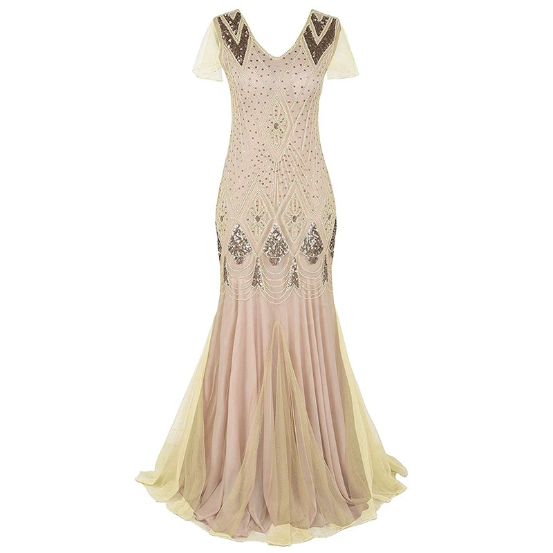 Evening Dress Sequin Retro Plus-Size Gown, Mermaid Tulle Hem, Sizes S–XXXL