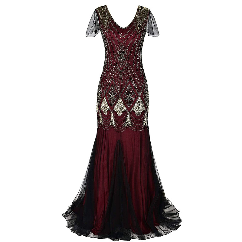 Evening Dress Sequin Retro Plus-Size Gown, Mermaid Tulle Hem, Sizes S–XXXL