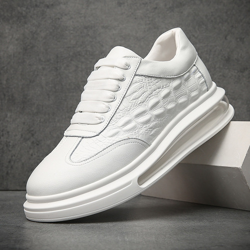 Leather men's casual air cushion shoes, spring and autumn new fashion shoes, breathable tie-up trendy brand shoes, white men's shoes