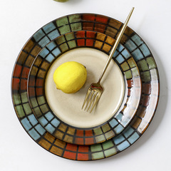 歐美客美式牛排盤子釉下彩餐廳西餐盤圓形家用陶瓷菜盤復古格子控