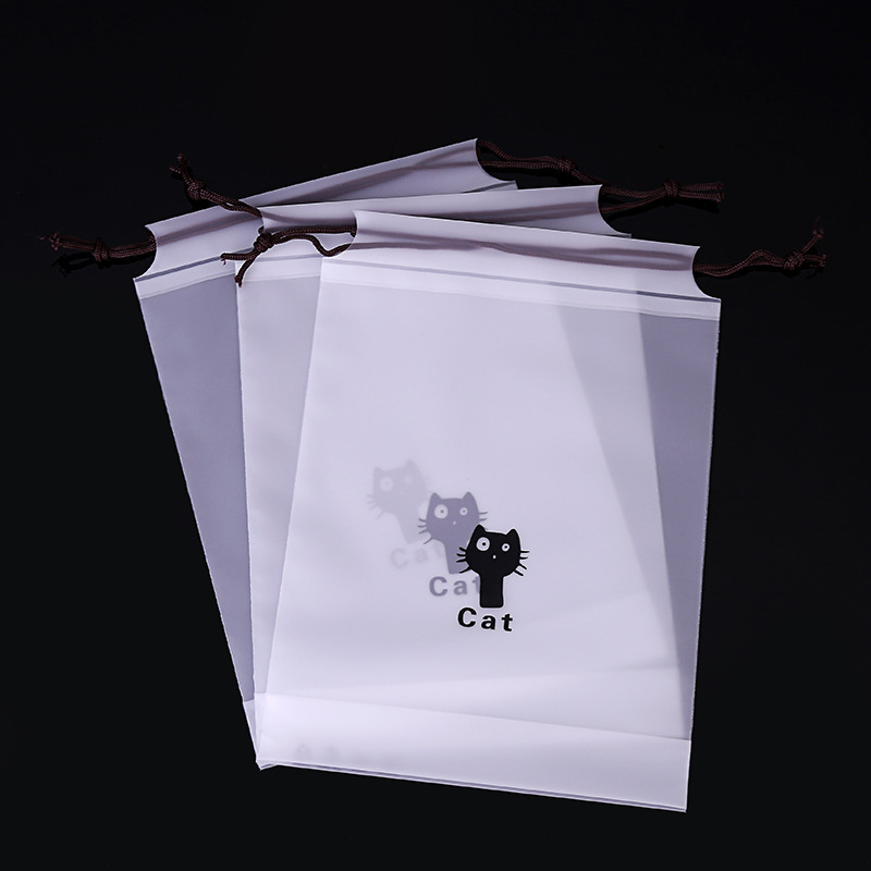 现货卡通猫磨砂拉绳袋电子手机产品包装袋白袋半透明环保用品批发