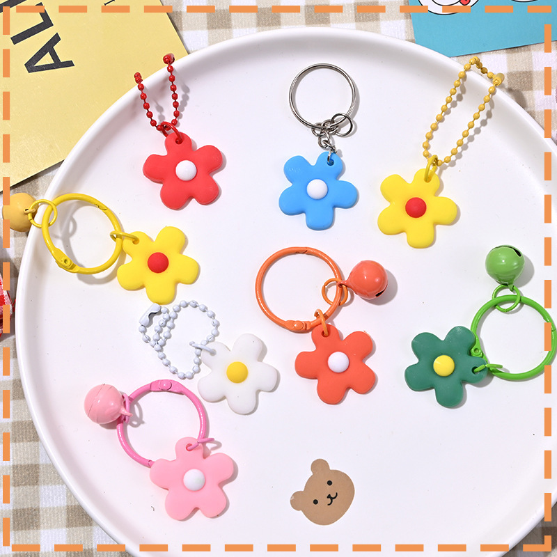 Korean Style Ins Colorful Small Flower Keychain Candy-Colored Bell Key Ring Pendant for Women Fresh Style Bag Decoration