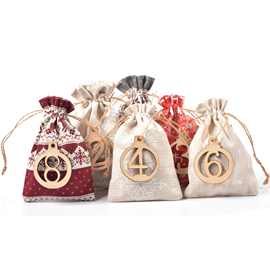 亚马逊现货圣诞棉麻布袋套装24个糖果礼品袋挂袋套装可定可印LOGO