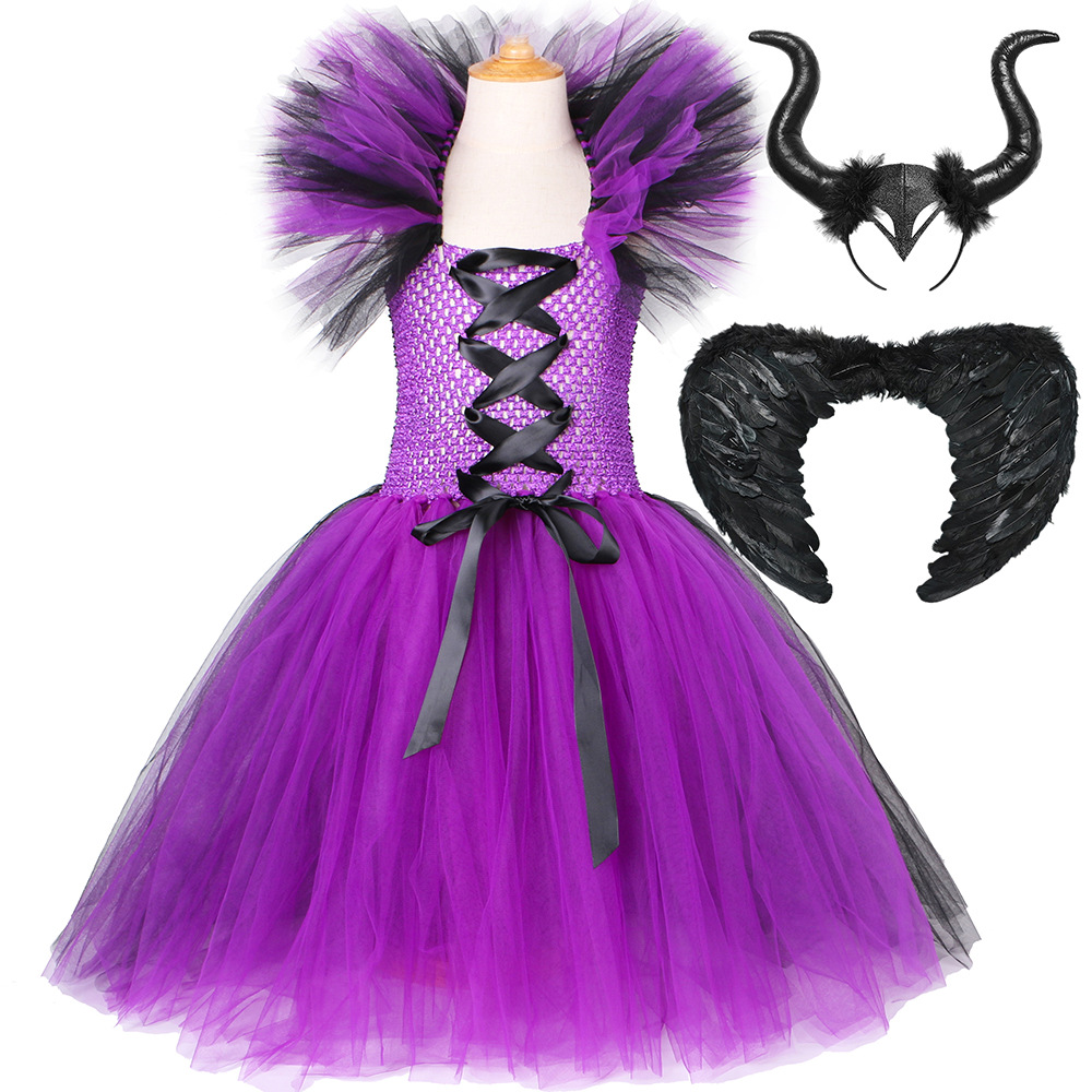 Abbigliamento per neonate Costume di Halloween Vestito da strega Vestito in tulle a rete viola e nero per bambine_voghion.com
