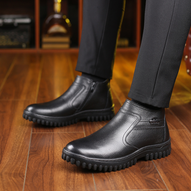 Invierno Nuevo cuero genuino zapatos de algodón de los hombres de lana caliente forrado de lana zapatos de los hombres capa superior de piel de vaca de mediana edad y ancianos zapatos de cuero de papá suave