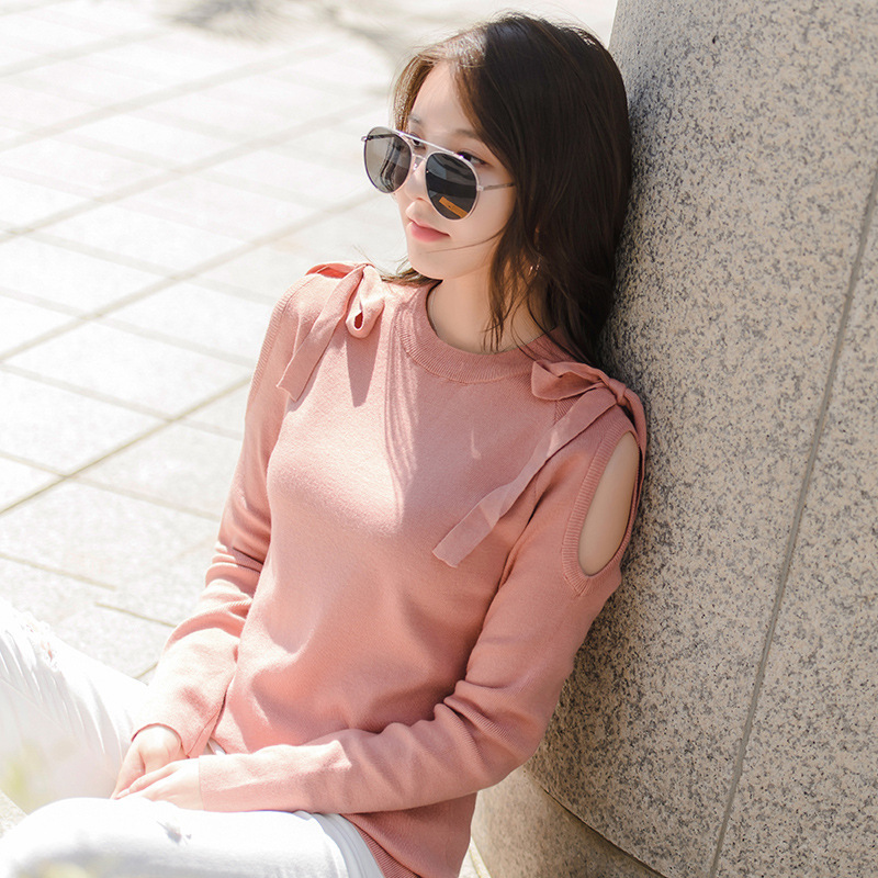 Clearance Sale Spring and Autumn New Style Slightly Sexy Off-Shoulder Long-Sleeve Knit Top with Double Shoulder Bow, Slim Fit, Korean Style 3021-1