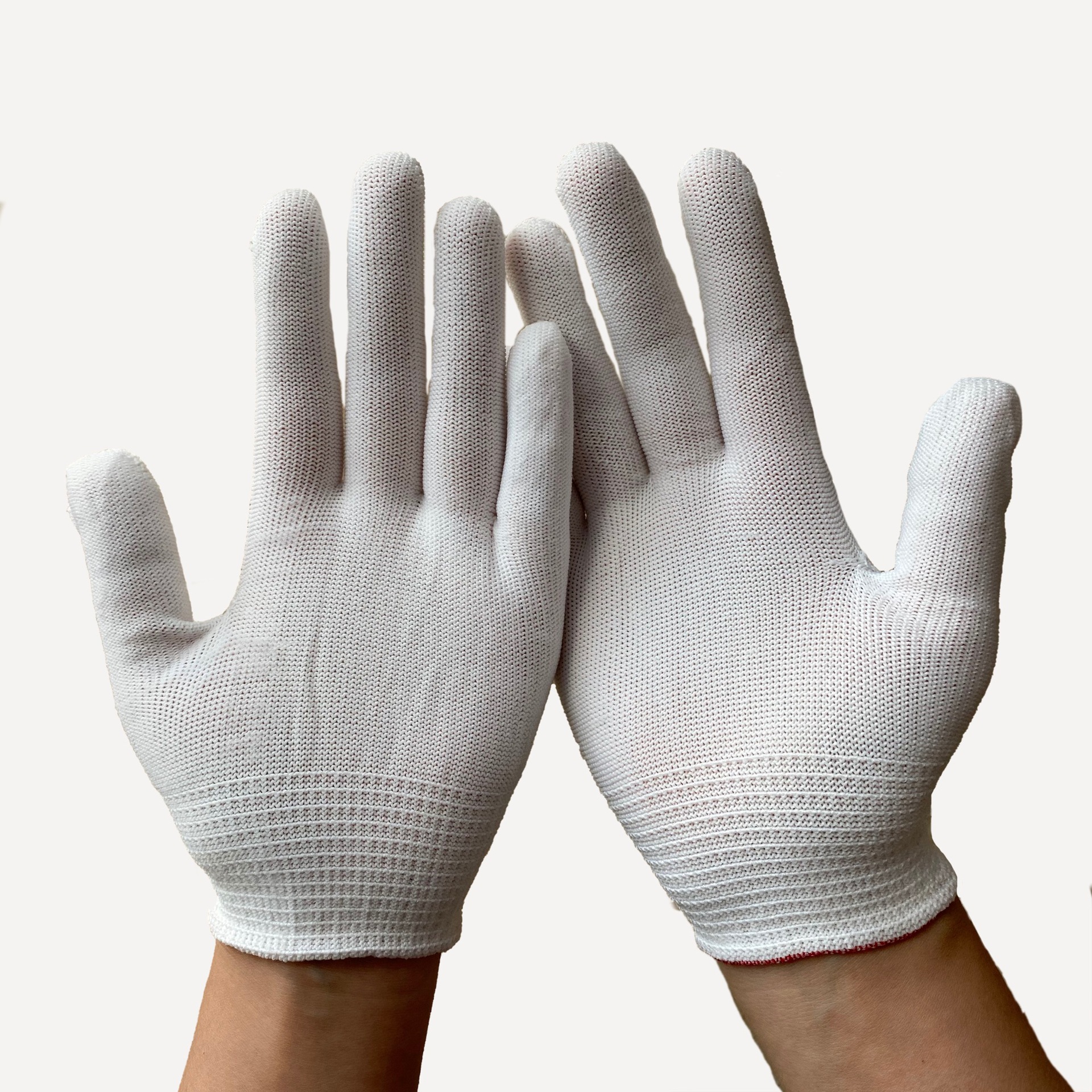 十三针白尼龙手套芯耐磨弹性大彩条纹尼龙涂指自动锁边防护手套