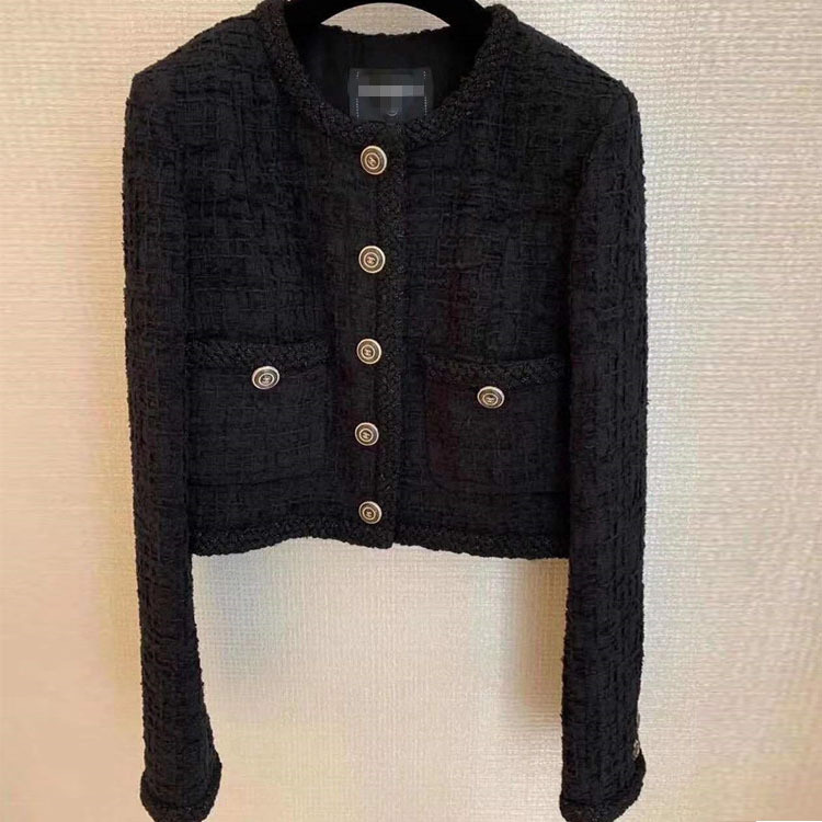 Chanel Style Coat Women's Tweed Black Spring and Autumn New Long Sleeve Double Pocket Buckle Women's Round Neck Coat Short