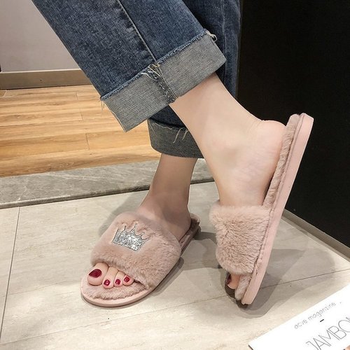 Women's furry slippers autumn and winter new style indoor and outdoor flip-flops cotton slippers flat bottom crown warm casual women's shoes wholesale