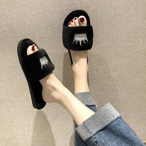 Women's furry slippers autumn and winter new style indoor and outdoor flip-flops cotton slippers flat bottom crown warm casual women's shoes wholesale